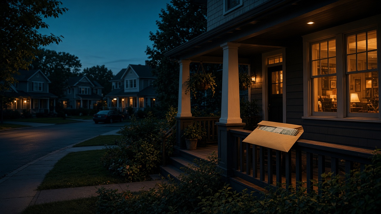Dusk house with warm interior lights and a Sold sign in the yard
